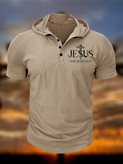 Jesus The Way The Truth The Life Christian Hooded Henley T Shirt