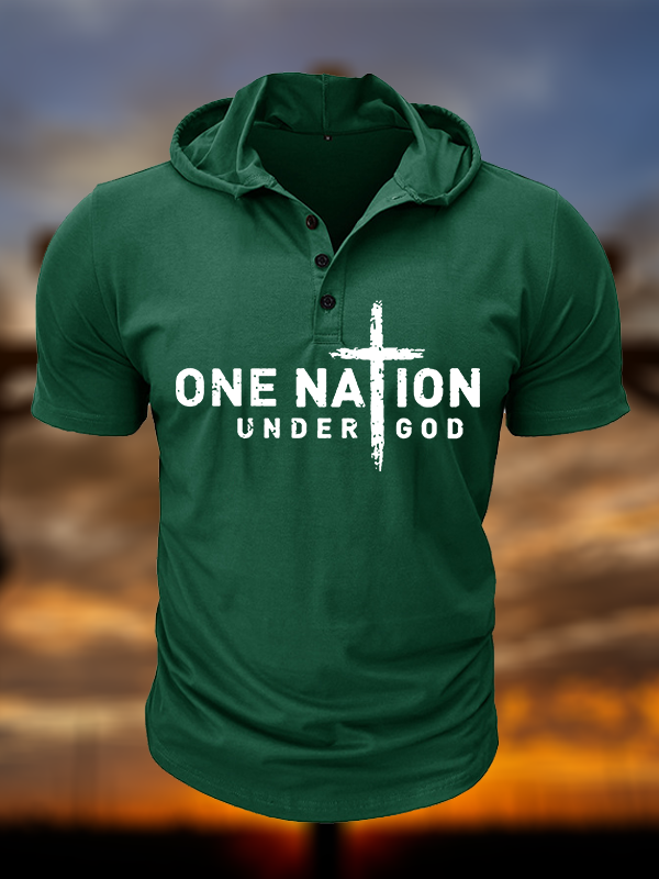 One Nation Under God Cross Christian Hooded Henley T Shirt