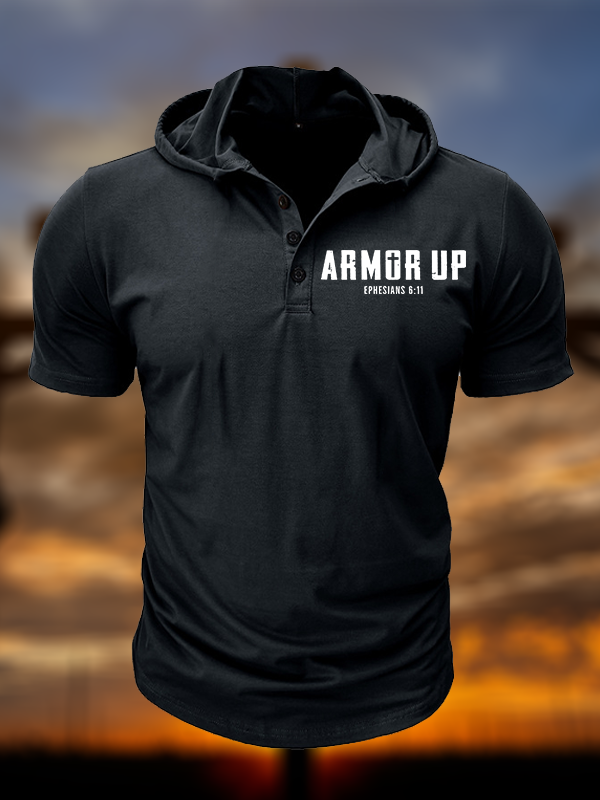 Armor Up Christian Hooded Henley T Shirt