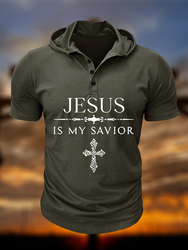 Jesus Is My Savior Christian Hooded Henley T Shirt