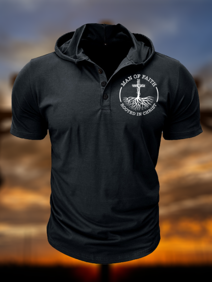 Man of Faith Rooted in Christ  Christian Hooded Henley T Shirt