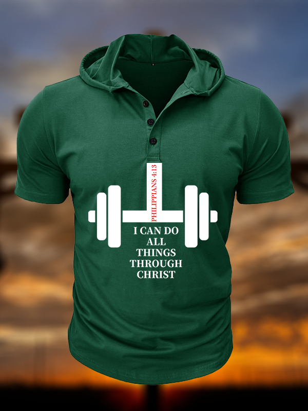 Fitness Philippians 4 : 13 Christian Hooded Henley T Shirt
