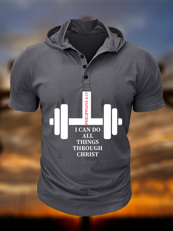 Fitness Philippians 4 : 13 Christian Hooded Henley T Shirt