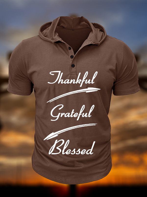 Thankful Grateful Blessed Christian Hooded Henley T Shirt