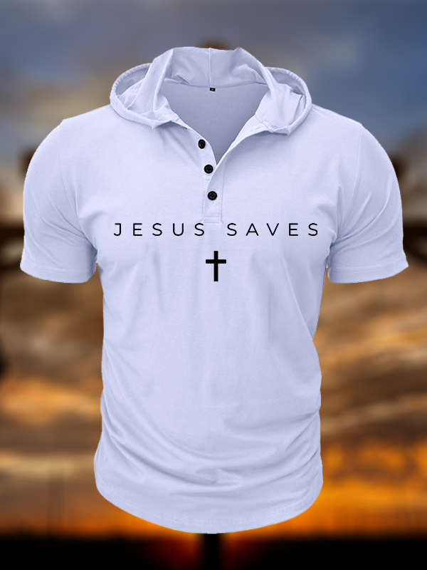 Jesus Saves Christian Hooded Henley T Shirt