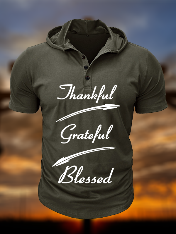 Thankful Grateful Blessed Christian Hooded Henley T Shirt