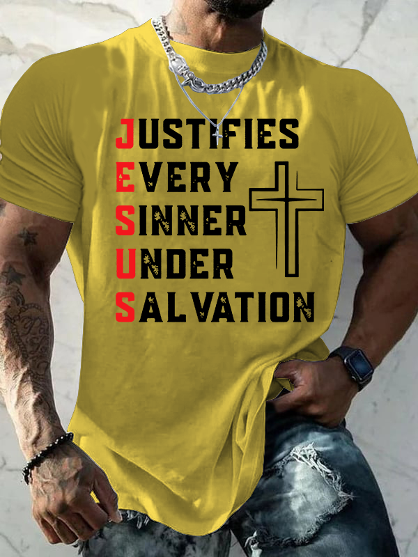 Justifies Every Sinner Under Salvation Jesus God Christian Cotton T-Shirt
