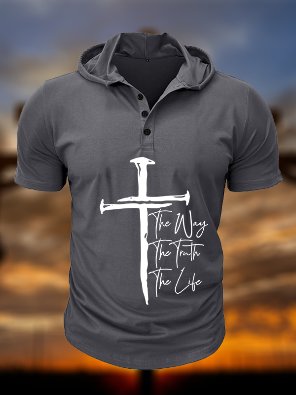 Jesus The Way The Truth The Life Christian Hooded Henley T Shirt