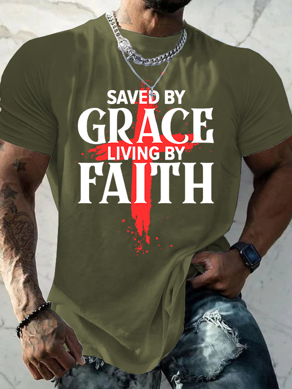 Saved By Grace Living By Faith Jesus God Christian Cotton T-Shirt