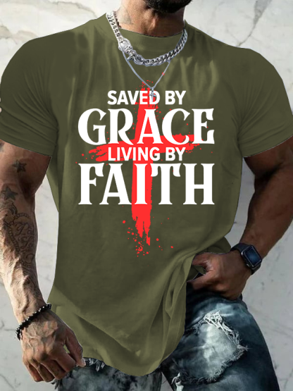 Saved By Grace Living By Faith Jesus God Christian Cotton T-Shirt