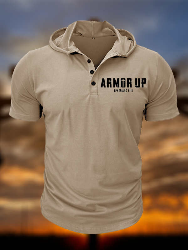 Armor Up Christian Hooded Henley T Shirt