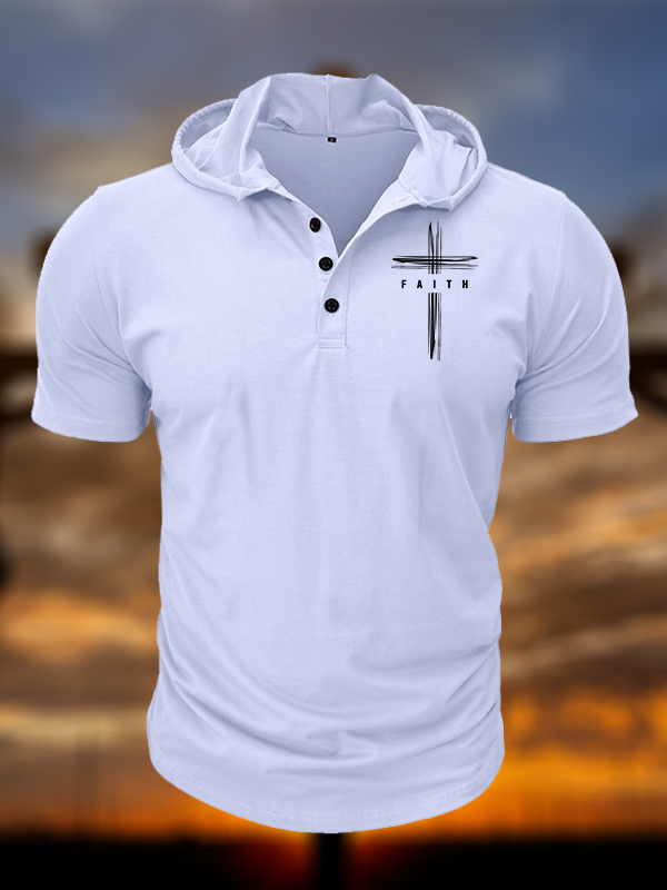 Faith Cross Christian Hooded Henley T Shirt