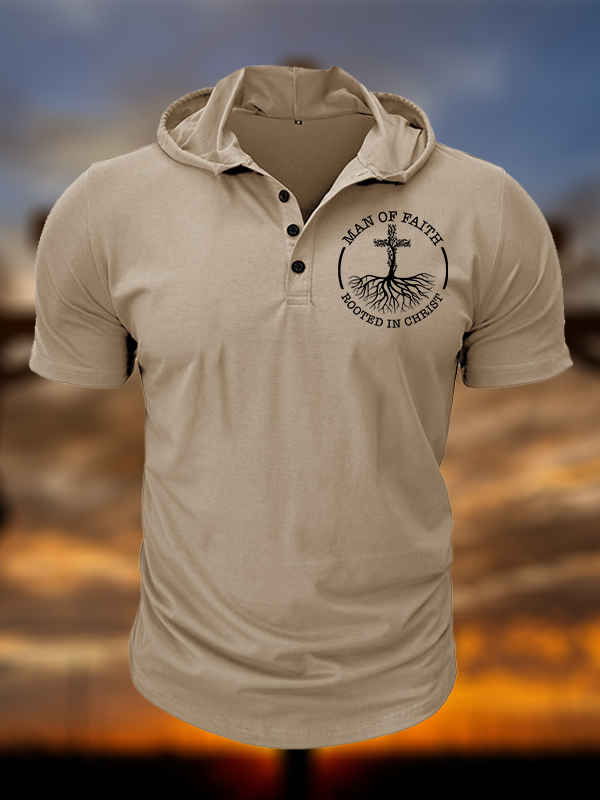 Man of Faith Rooted in Christ  Christian Hooded Henley T Shirt