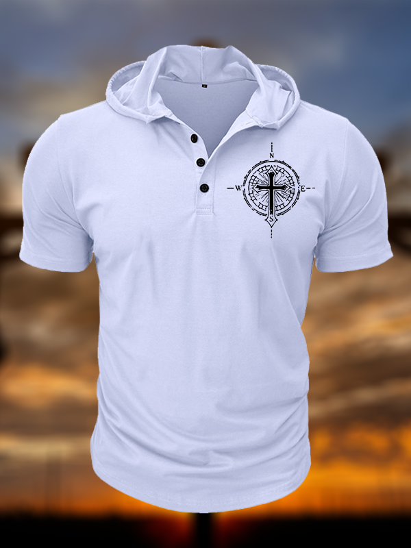 Cross Compass Christian Hooded Henley T Shirt