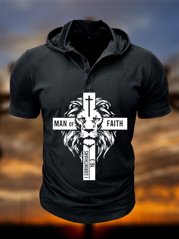 Man of Faith Christian Hooded Henley T Shirt