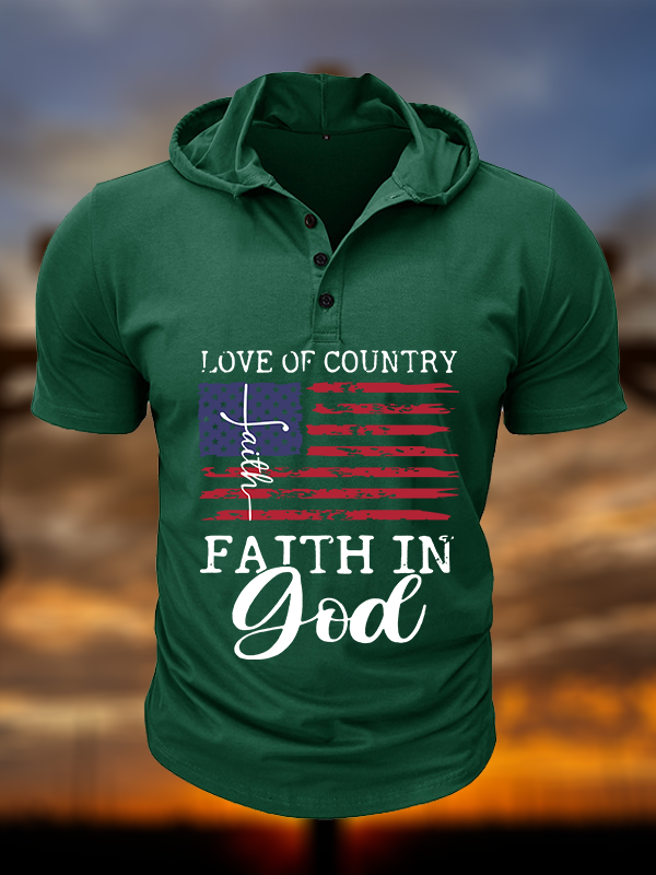 Faith In God Christian Hooded Henley T Shirt