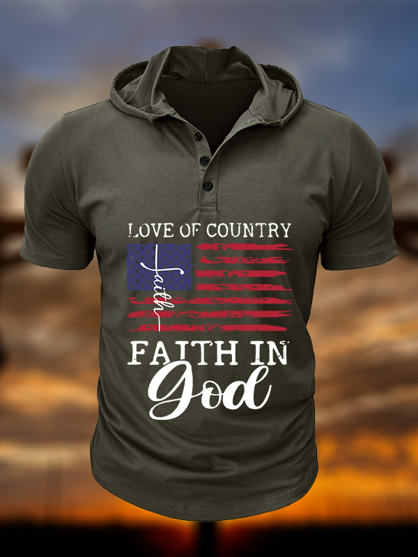 Faith In God Christian Hooded Henley T Shirt