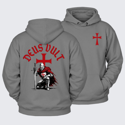 Plush Fleece-Lined Hoodie - Templar Knight Crusader Deus Vult