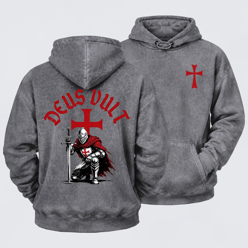 Washed Hoodie - Templar Knight Crusader Deus Vult