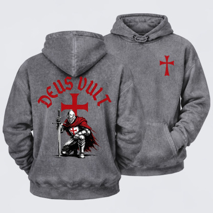 Washed Hoodie - Templar Knight Crusader Deus Vult