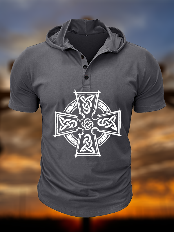 Celtic Cross Christian Hooded Henley T Shirt