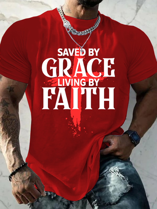 Saved By Grace Living By Faith Jesus God Christian Cotton T-Shirt
