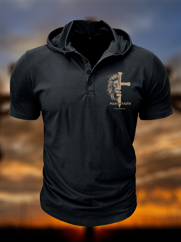 Man of Faith Christian Hooded Henley T Shirt