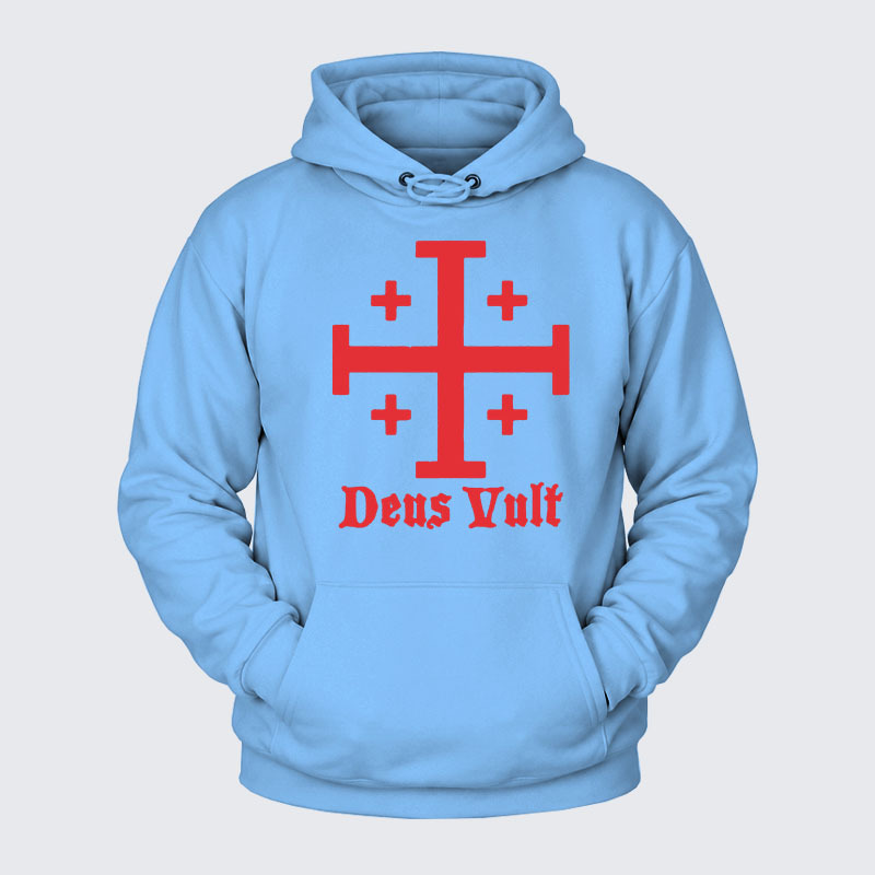 Plush Fleece-Lined Hoodie - Jerusalem Cross Deus Vult