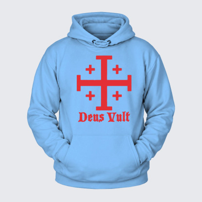 Plush Fleece-Lined Hoodie - Jerusalem Cross Deus Vult