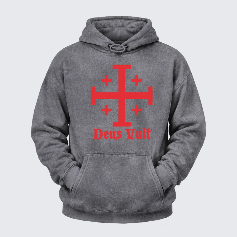 Washed Hoodie - Jerusalem Cross Deus Vult