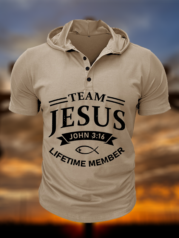 Jesus Team Christian Hooded Henley T Shirt