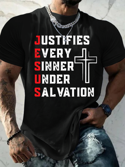 Justifies Every Sinner Under Salvation Jesus God Christian Cotton T-Shirt