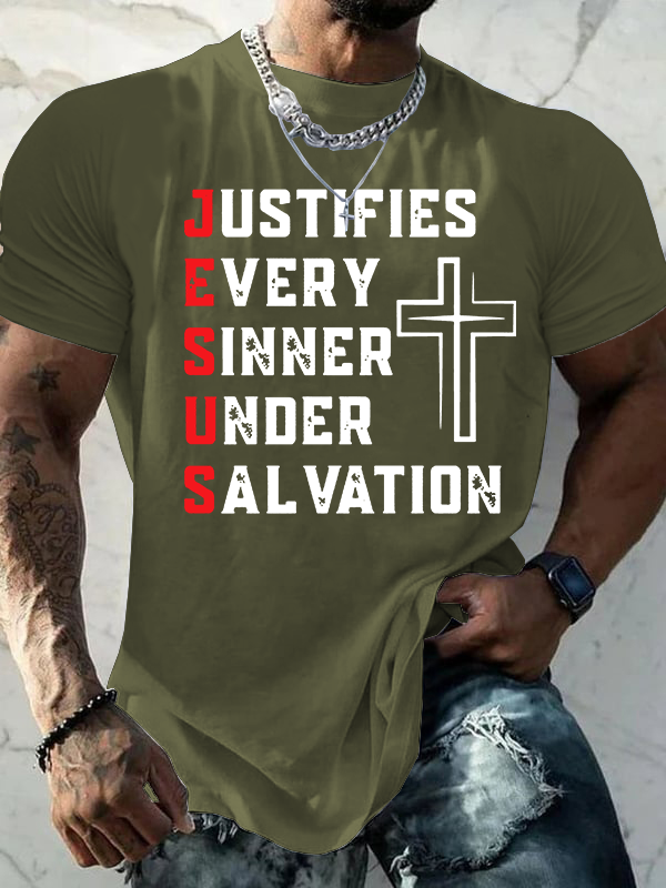 Justifies Every Sinner Under Salvation Jesus God Christian Cotton T-Shirt