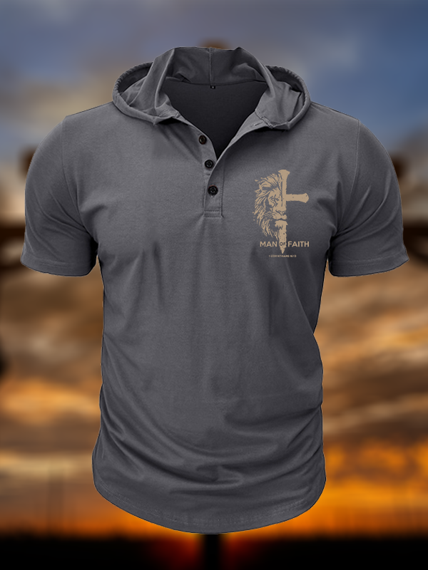 Man of Faith Christian Hooded Henley T Shirt