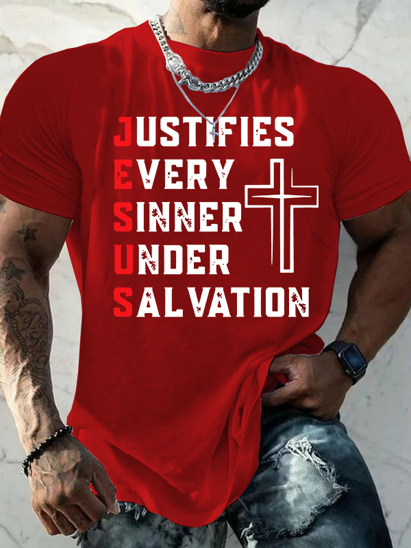 Justifies Every Sinner Under Salvation Jesus God Christian Cotton T-Shirt