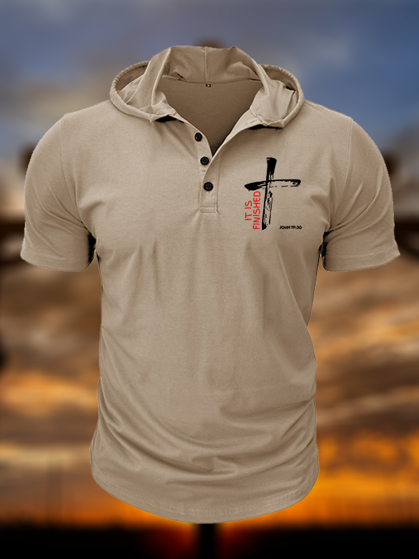 It Is Finished  Christian Hooded Henley T Shirt