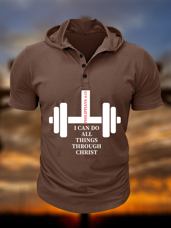 Fitness Philippians 4 : 13 Christian Hooded Henley T Shirt