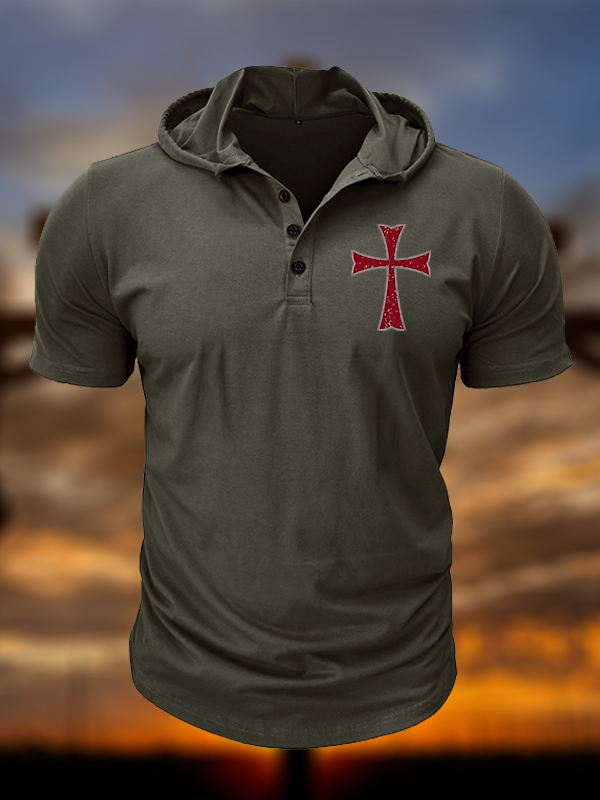 Knights Templar Crusader Cross Christian Hooded Henley T Shirt