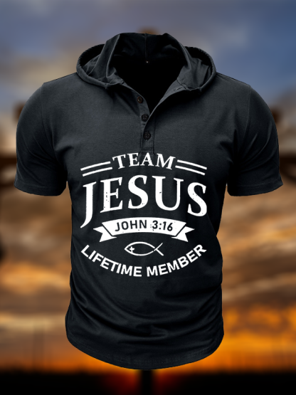 Jesus Team Christian Hooded Henley T Shirt