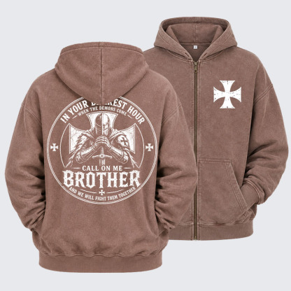Washed Zip-Up Hoodie - Call On Me Brother – Knights of Faith