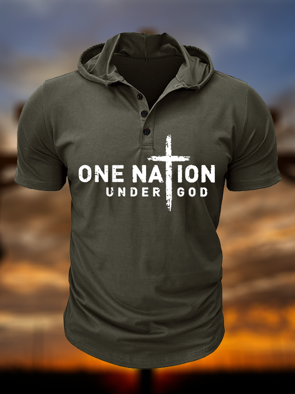 One Nation Under God Cross Christian Hooded Henley T Shirt