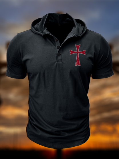 Knights Templar Crusader Cross Christian Hooded Henley T Shirt