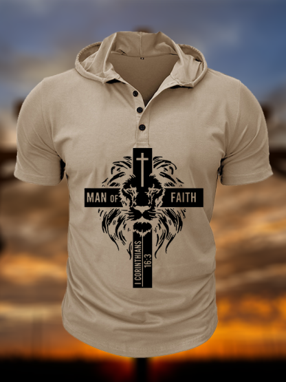 Man of Faith Christian Hooded Henley T Shirt