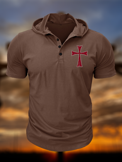 Knights Templar Crusader Cross Christian Hooded Henley T Shirt