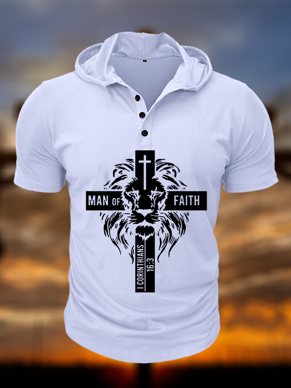 Man of Faith Christian Hooded Henley T Shirt