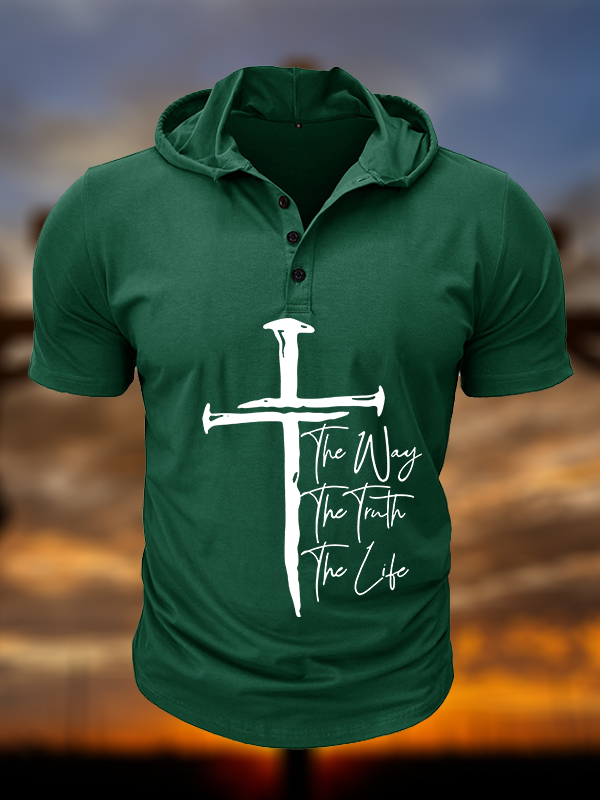 Jesus The Way The Truth The Life Christian Hooded Henley T Shirt