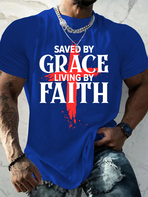 Saved By Grace Living By Faith Jesus God Christian Cotton T-Shirt