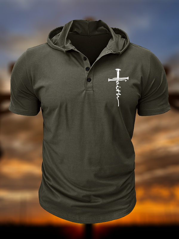 Cross Christian Hooded Henley T Shirt
