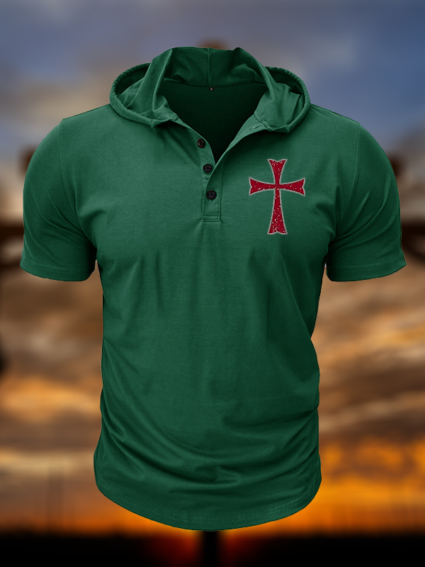 Knights Templar Crusader Cross Christian Hooded Henley T Shirt
