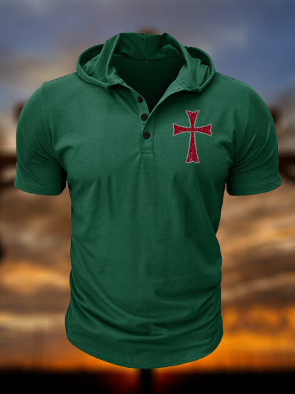 Knights Templar Crusader Cross Christian Hooded Henley T Shirt